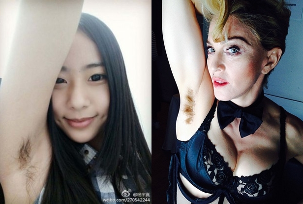 hairy unshaved armpits of asian girl and madonna in a selfie
